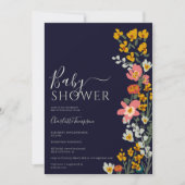Moderne herfst retro bloemen navy blue baby shower kaart (Voorkant)