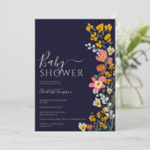 Moderne herfst retro bloemen navy blue baby shower kaart (Staand voorkant)