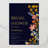 Moderne herfst retro bloemen navy blue vrijgezelle folie uitnodiging (Voorkant)