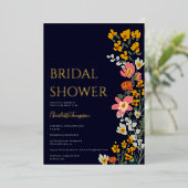 Moderne herfst retro bloemen navy blue vrijgezelle folie uitnodiging (Staand Voorkant)