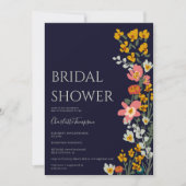 Moderne herfst retro bloemen navy blue vrijgezelle kaart (Voorkant)