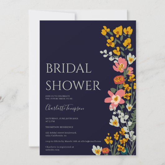 Moderne herfst retro bloemen navy blue vrijgezelle kaart (Voorkant)