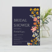 Moderne herfst retro bloemen navy blue vrijgezelle kaart (Staand voorkant)