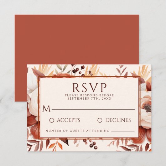 Moderne Herfst Terracotta Bloemen Boho Bruiloft RSVP Kaartje (Voorkant / Achterkant)