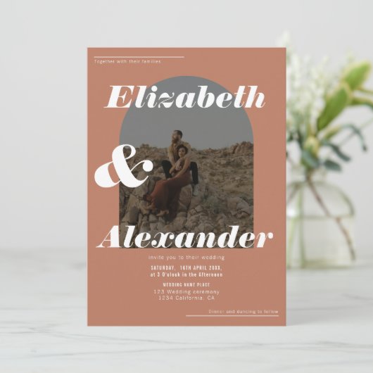 Moderne herfst terracotta foto-retro bruiloft kaart (Staand voorkant)