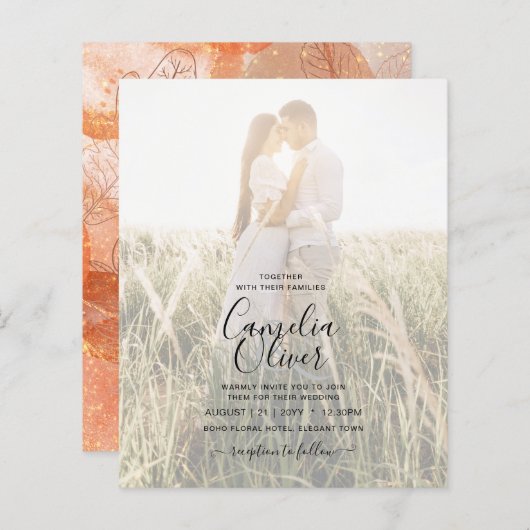 Moderne herfst terracotta oranje blad trouwkaart (Voorkant / Achterkant)