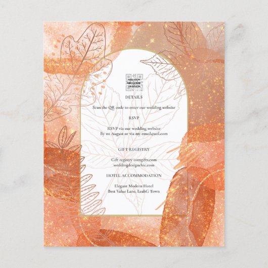Moderne herfst terracotta oranje blad trouwkaart flyer (Achterkant)