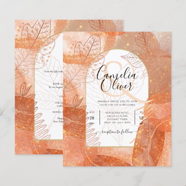 Moderne Herfst Terracotta Oranje Leaf Wedding Invi (Voorkant / Achterkant)