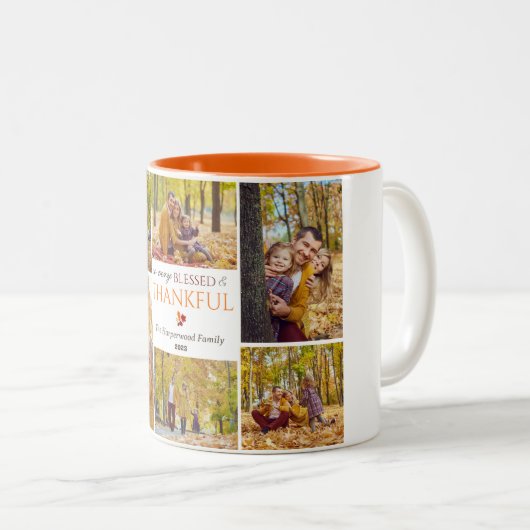 Moderne Herfst Thanksgiving familie foto collage Tweekleurige Koffiemok (Voorkant rechts)