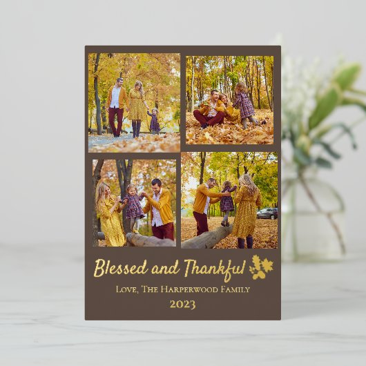Moderne Herfst Thanksgiving Familiefoto Collage Folie Feestdagenkaart (Staand Voorkant)