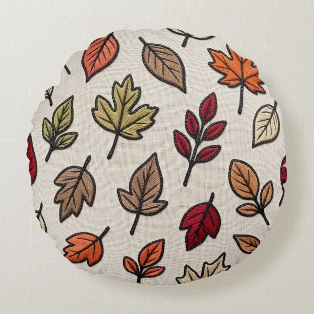 Moderne herfstbladeren geborduurd esthetisch  rond kussen (Voorkant)