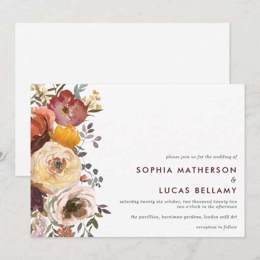 Moderne Herfstbloemen Bruiloft Kaart (Voorkant / Achterkant)