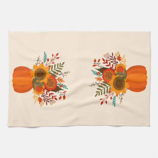 Moderne herfstbloemen in pompoen theedoek (Horizontaal)
