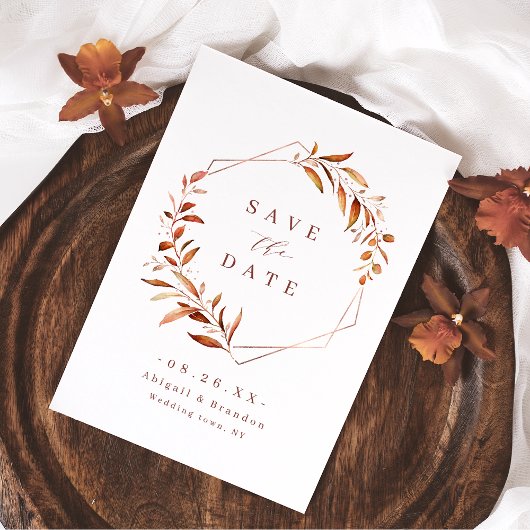 Moderne herfstgroen geometrische rustieke bruiloft save the date