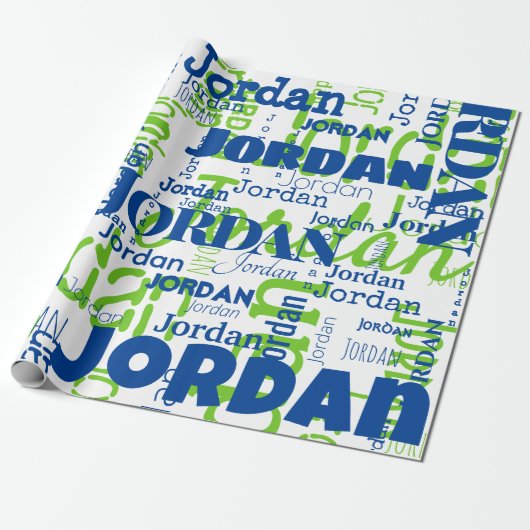 Moderne Herhalende Naam Blauw Groen Lettertypepatr Cadeaupapier (Uitgerold)