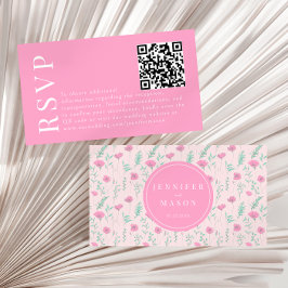 Moderne hete roze bloemenbruiloft RSVP QR-codekaar Informatiekaartje