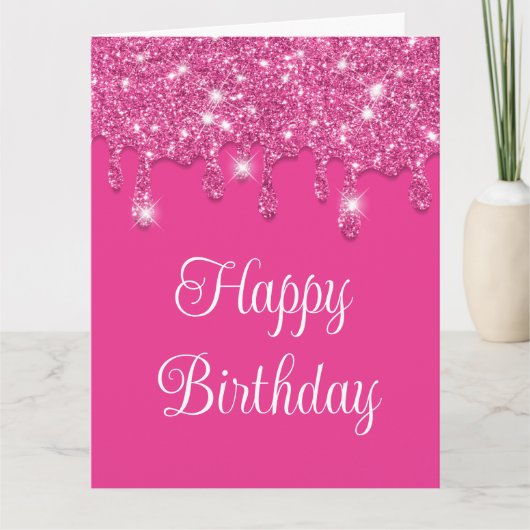 Moderne Hete Roze Drips Glitter Gelukkige Verjaard Kaart (Voorkant)