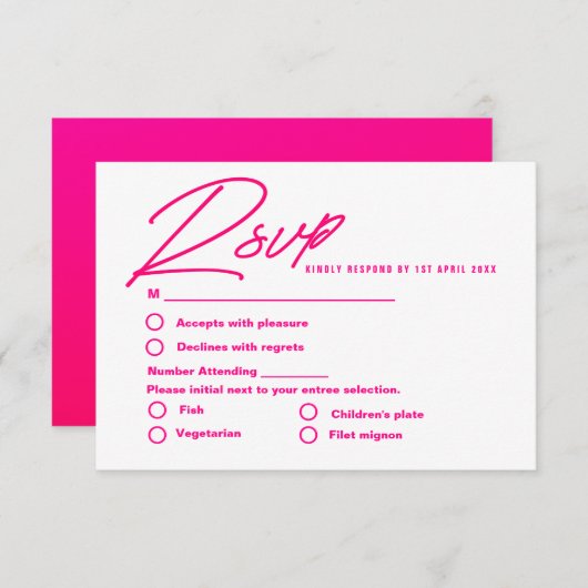 Moderne hete roze kleurrijke trendy bruiloft RSVP kaartje (Voorkant / Achterkant)