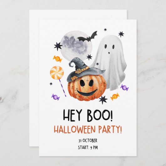 Moderne Hey Boo Halloween Party uitnodiging (Voorkant / Achterkant)