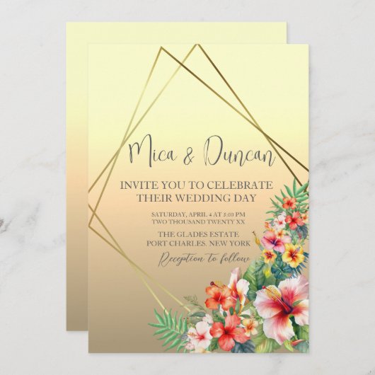 Moderne Hibiscus bruiloft Kaart (Voorkant / Achterkant)