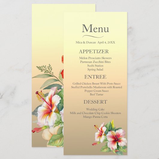 Moderne Hibiscus bruiloft Menu (Voorkant / Achterkant)