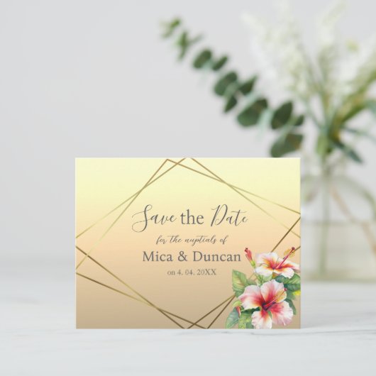 Moderne Hibiscus bruiloft Save the Date Briefkaart (Staand voorkant)