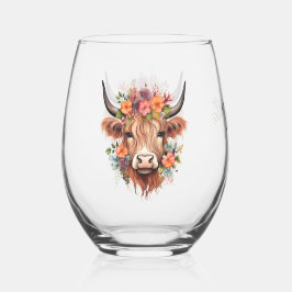 Moderne Highland Koe Boho met Bloemen Ontwerp Wijnglas Zonder Voet