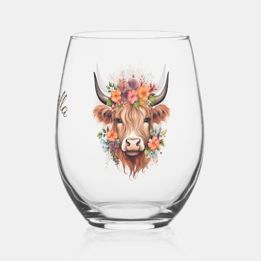 Moderne Highland Koe Boho met Bloemen Ontwerp Wijnglas Zonder Voet (Achterkant)