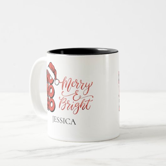 Moderne Ho Ho Ho Vrolijk en Heldere Kerstnaam Tweekleurige Koffiemok (Voorkant links)