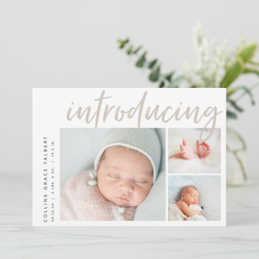 Moderne hoek | Drie foto-collage geboorte Aankondiging (Staand voorkant)