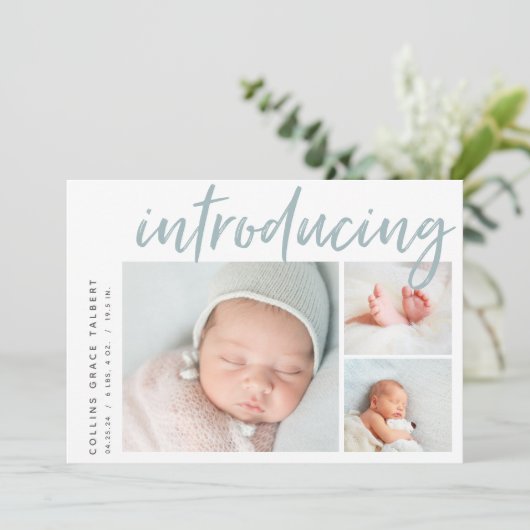 Moderne hoek | Drie foto-collage geboorte Aankondiging (Staand voorkant)