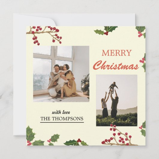 Moderne Holly Berries Vrolijk Kerstfeest 2 Foto Feestdagenkaart (Voorkant)
