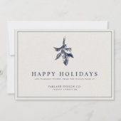 Moderne Holly Berry | Elegant gedempt blauw bedrij Feestdagenkaart (Voorkant)