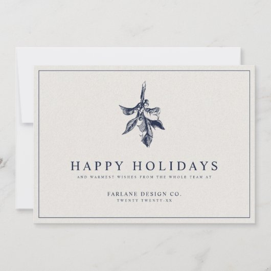 Moderne Holly Berry | Elegant gedempt blauw bedrij Feestdagenkaart (Voorkant)