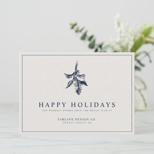 Moderne Holly Berry | Elegant gedempt blauw bedrij Feestdagenkaart (Staand voorkant)