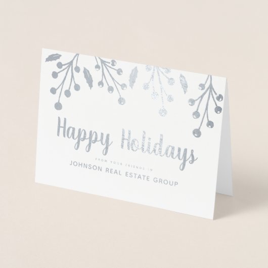 Moderne Holly Berry & Foliage | Vakantie Groeten Folie Kaarten (Voorkant)
