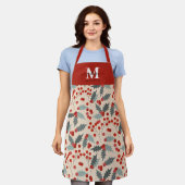 Moderne Holly Berry Kerst Botanische Monogram Schort (Gedragen)