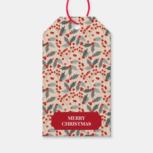 Moderne Holly Berry Kerst Botanische Patroon Cadeaulabel (Voorkant)