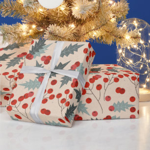 Moderne Holly Berry Kerst Botanische Patroon Cadeaupapier