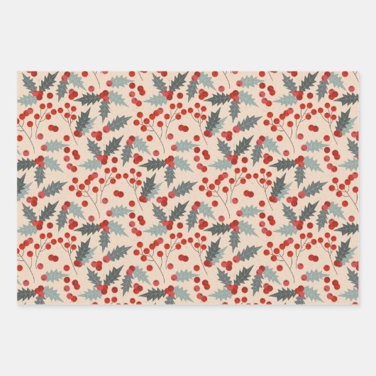 Moderne Holly Berry Kerst Botanische Patroon Inpakpapier Vel (Voorkant)
