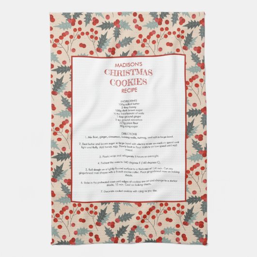 Moderne Holly Berry Kerst Botanische Recept Theedoek (Verticaal)