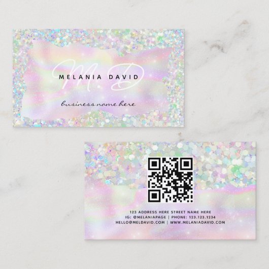 Moderne Holo Glitter Custom Monogram QR Code Girly Contactkaartje (Voorkant / Achterkant)