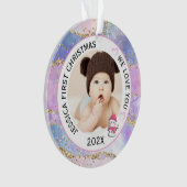 Moderne Holografische Baby Meisje Eerste Kerstfoto Ornament (voorkant)