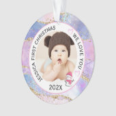 Moderne Holografische Baby Meisje Eerste Kerstfoto Ornament (voorkant)