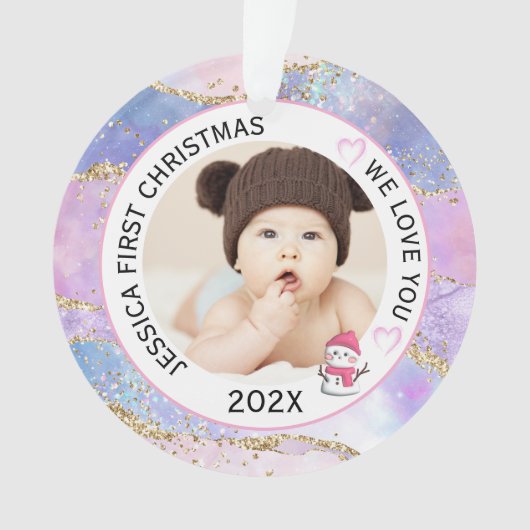 Moderne Holografische Baby Meisje Eerste Kerstfoto Ornament (voorkant)