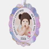 Moderne Holografische Baby Meisje Eerste Kerstfoto Ornament Kaart (Links)