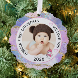Moderne Holografische Baby Meisje Eerste Kerstfoto Ornament Kaart