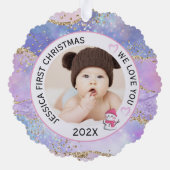 Moderne Holografische Baby Meisje Eerste Kerstfoto Ornament Kaart (Achterkant)