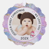 Moderne Holografische Baby Meisje Eerste Kerstfoto Ornament Kaart (Voorkant)