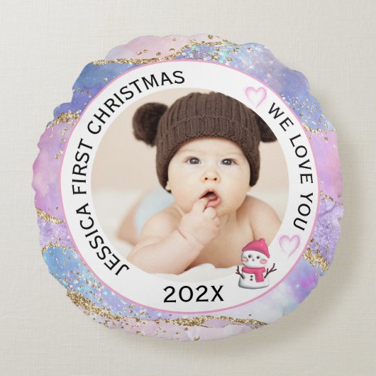 Moderne Holografische Baby Meisje Eerste Kerstfoto Rond Kussen (Voorkant)